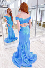 Blue Off Shoulder Sequins Mermaid Prom Dress