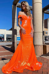 Blue Off Shoulder Sequins Mermaid Prom Dress