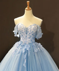 Prom Dresses 2027, Blue Off Shoulder Tulle Lace Long Prom Dress, Blue Formal Ball Gown Evening Dress