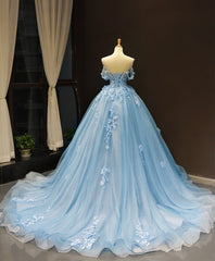Prom Dress Long, Blue Off Shoulder Tulle Lace Long Prom Dress, Blue Formal Ball Gown Evening Dress
