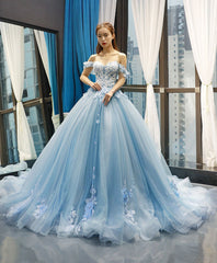 Prom Dresses Ball Gown, Blue Off Shoulder Tulle Lace Long Prom Dress, Blue Formal Ball Gown Evening Dress