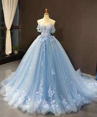 Prom Dresses For Teens, Blue Off Shoulder Tulle Lace Long Prom Dress, Blue Formal Ball Gown Evening Dress