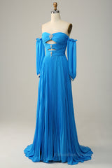 Boho Wedding Dress, Blue Off-the-Shoulder Long Sleeves Cut-Out A-line Long Prom Dress