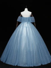 Formal Dresses Elegant Classy, Blue Off-the-Shoulder Sequin Tulle Lace Sleeveless Lone Prom Dresses,Sweet 16 Gown