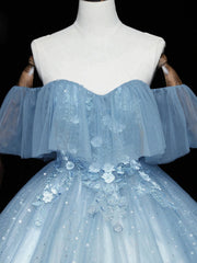 Formal Dress Elegant Classy, Blue Off-the-Shoulder Sequin Tulle Lace Sleeveless Lone Prom Dresses,Sweet 16 Gown