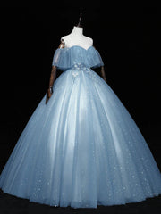 Formal Dress Short, Blue Off-the-Shoulder Sequin Tulle Lace Sleeveless Lone Prom Dresses,Sweet 16 Gown