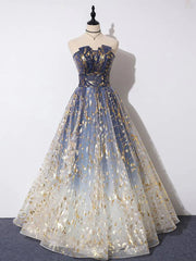Bridesmaid Dresses Vintage, Blue Ombre Long Lace Prom Dresses, Blue Long Lace Tulle Formal Evening Dresses
