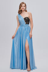 Party Dress Sleeves, Blue One Shoulder Ruched Long Prom Dresses with Applique