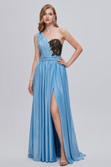 Party Dresses Sleeves, Blue One Shoulder Ruched Long Prom Dresses with Applique