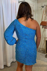 Blue One Shoulder Sequins Tight Homecoming Dress