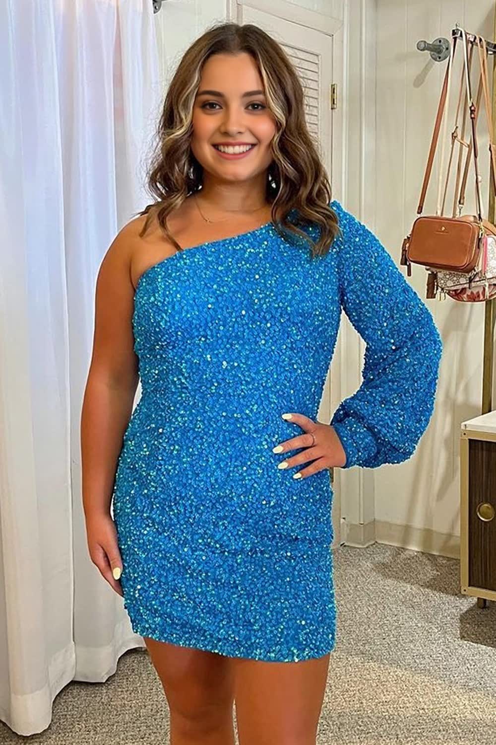 Blue One Shoulder Sequins Tight Homecoming Dress