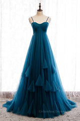 Prom Dresses For Teen, Blue Pleated Straps Ruffle Layers A-line Sweeping Maxi Formal Dress