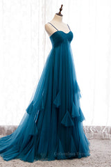 Prom Dresses Nearby, Blue Pleated Straps Ruffle Layers A-line Sweeping Maxi Formal Dress