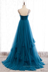 Prom Dress With Shorts, Blue Pleated Straps Ruffle Layers A-line Sweeping Maxi Formal Dress