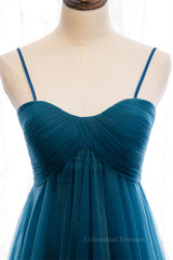 Prom Dresses With Short, Blue Pleated Straps Ruffle Layers A-line Sweeping Maxi Formal Dress