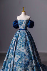 Dress Prom, Blue Printed Long A-Line Prom Dress, Blue Off the Shoulder Formal Evening Dress