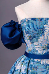 Black Tie Dress, Blue Printed Long A-Line Prom Dress, Blue Off the Shoulder Formal Evening Dress