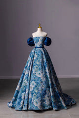 Short Formal Dress, Blue Printed Long A-Line Prom Dress, Blue Off the Shoulder Formal Evening Dress