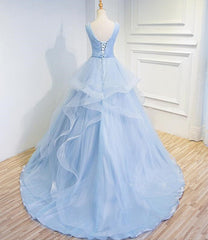 Party Dress Pattern Free, Blue Prom Dresses V-neck Ball Gown Sweep Train Party Dress, Sweet 16 Gown