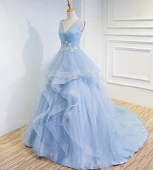 Party Dress Pattern, Blue Prom Dresses V-neck Ball Gown Sweep Train Party Dress, Sweet 16 Gown