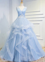 Winter Dress, Blue Prom Dresses V-neck Ball Gown Sweep Train Party Dress, Sweet 16 Gown