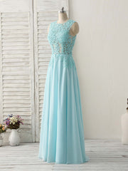Black Dress Classy, Blue Round Neck Lace Chiffon Long Prom Dress, Blue Long Formal Dresses