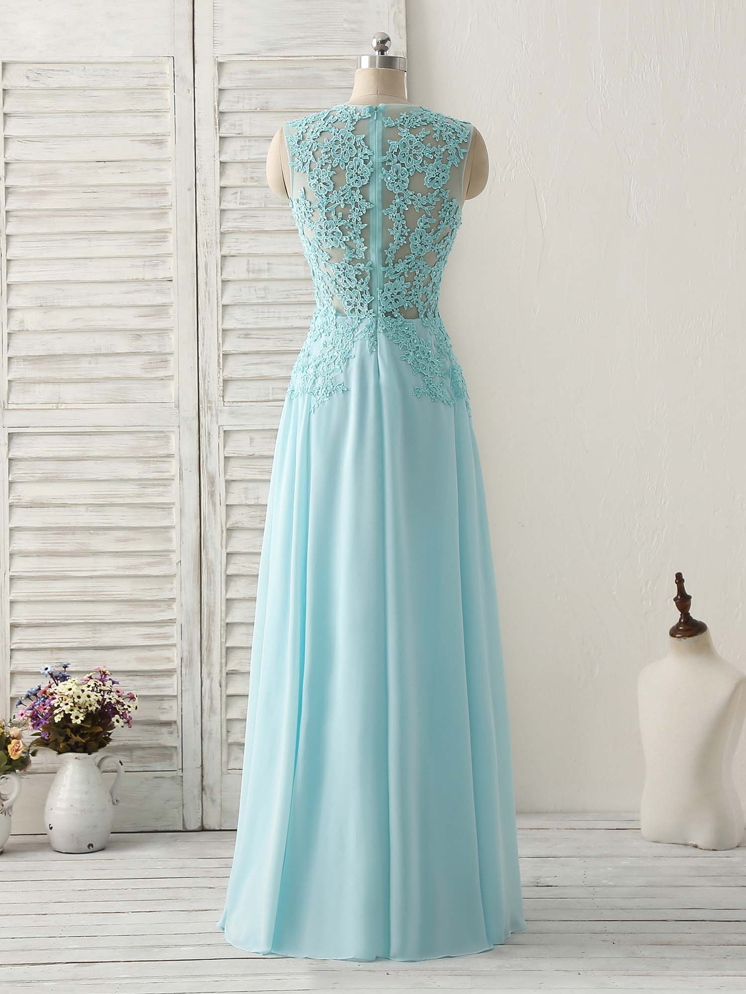 Party Dress For Baby, Blue Round Neck Lace Chiffon Long Prom Dress, Blue Long Formal Dresses