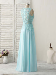 Party Dresses For Babies, Blue Round Neck Lace Chiffon Long Prom Dress, Blue Long Formal Dresses