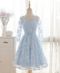 Formal Dress Short, Blue Round Neck Lace Short Prom Dress, Blue Bridesmaid Dress, Homecoming Dress
