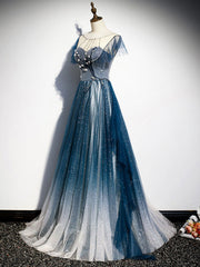 Ranch Dress, Blue Round Neck Tulle Beads Long Prom Dress, Blue Evening Dress