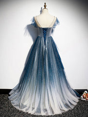 Lace Dress, Blue Round Neck Tulle Beads Long Prom Dress, Blue Evening Dress