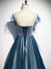 Party Dress High Neck, Blue Round Neck Tulle Beads Long Prom Dress, Blue Evening Dress