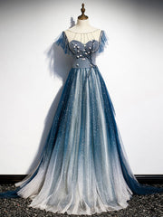 Homemade Ranch Dress, Blue Round Neck Tulle Beads Long Prom Dress, Blue Evening Dress