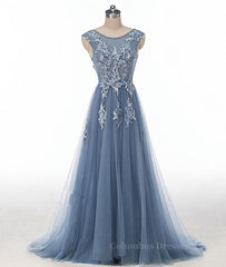 Party Dress Code, Blue round neck tulle lace applique long prom dress, blue evening dress