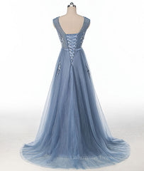 Party Dresses Designer, Blue round neck tulle lace applique long prom dress, blue evening dress