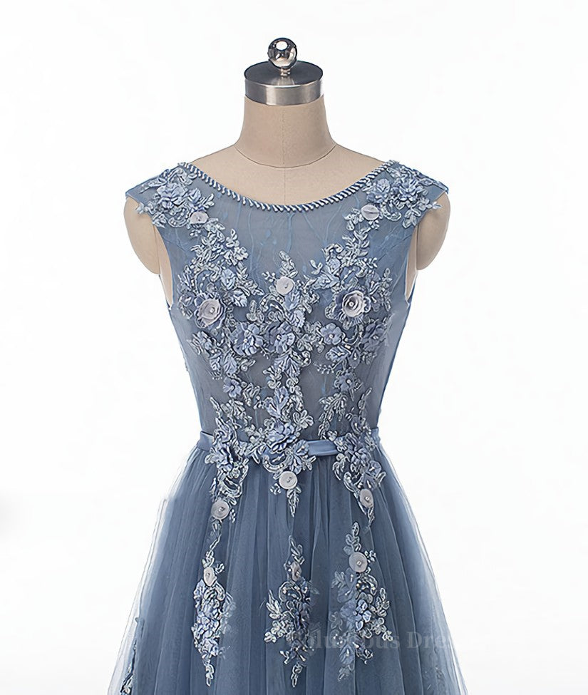 Party Dress Designer, Blue round neck tulle lace applique long prom dress, blue evening dress