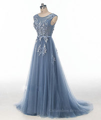 Party Dresses Design, Blue round neck tulle lace applique long prom dress, blue evening dress