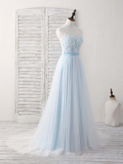 Bridesmaids Dresses Satin, Blue Round Neck Tulle Lace Applique Long Prom Dresses
