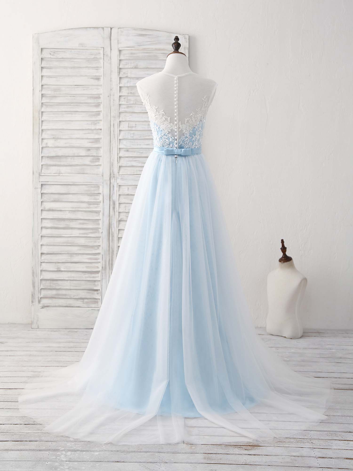 Bridesmaid Dress Satin, Blue Round Neck Tulle Lace Applique Long Prom Dresses