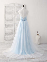 Bridesmaid Dress Satin, Blue Round Neck Tulle Lace Applique Long Prom Dresses