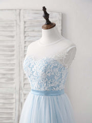 Bridesmaid Dresses Satin, Blue Round Neck Tulle Lace Applique Long Prom Dresses