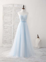 Bridesmaid Dress Shopping, Blue Round Neck Tulle Lace Applique Long Prom Dresses