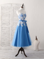 Blue Bridesmaid Dress, Blue Round Neck Tulle Lace Applique Tea Long Prom Dress, Bridesmaid Dress
