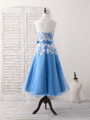 Pink Bridesmaid Dress, Blue Round Neck Tulle Lace Applique Tea Long Prom Dress, Bridesmaid Dress