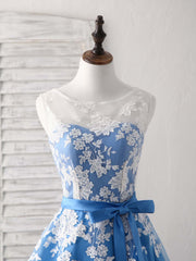 Fall Wedding Color, Blue Round Neck Tulle Lace Applique Tea Long Prom Dress, Bridesmaid Dress