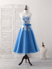 Bridesmaid, Blue Round Neck Tulle Lace Applique Tea Long Prom Dress, Bridesmaid Dress