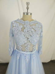 Prom Dress Ideas Unique, Blue Round Neck Tulle Lace Long Prom Dress, Blue Tulle Lace Evening Dress