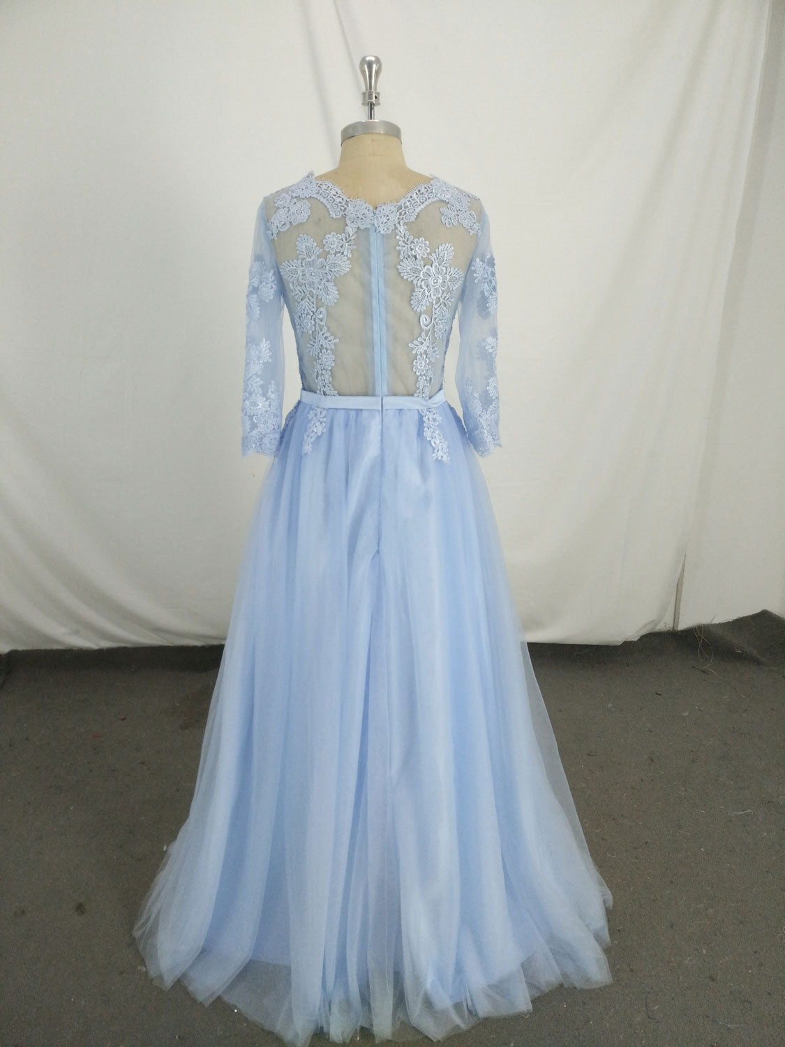 Prom Dresses Princess, Blue Round Neck Tulle Lace Long Prom Dress, Blue Tulle Lace Evening Dress