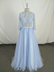 Prom Dresses Uk, Blue Round Neck Tulle Lace Long Prom Dress, Blue Tulle Lace Evening Dress