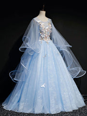 Bridesmaids Dresses Fall Colors, Blue Round Neck Tulle Lace Long Prom Dresses, Blue Sweet 16 Dresses